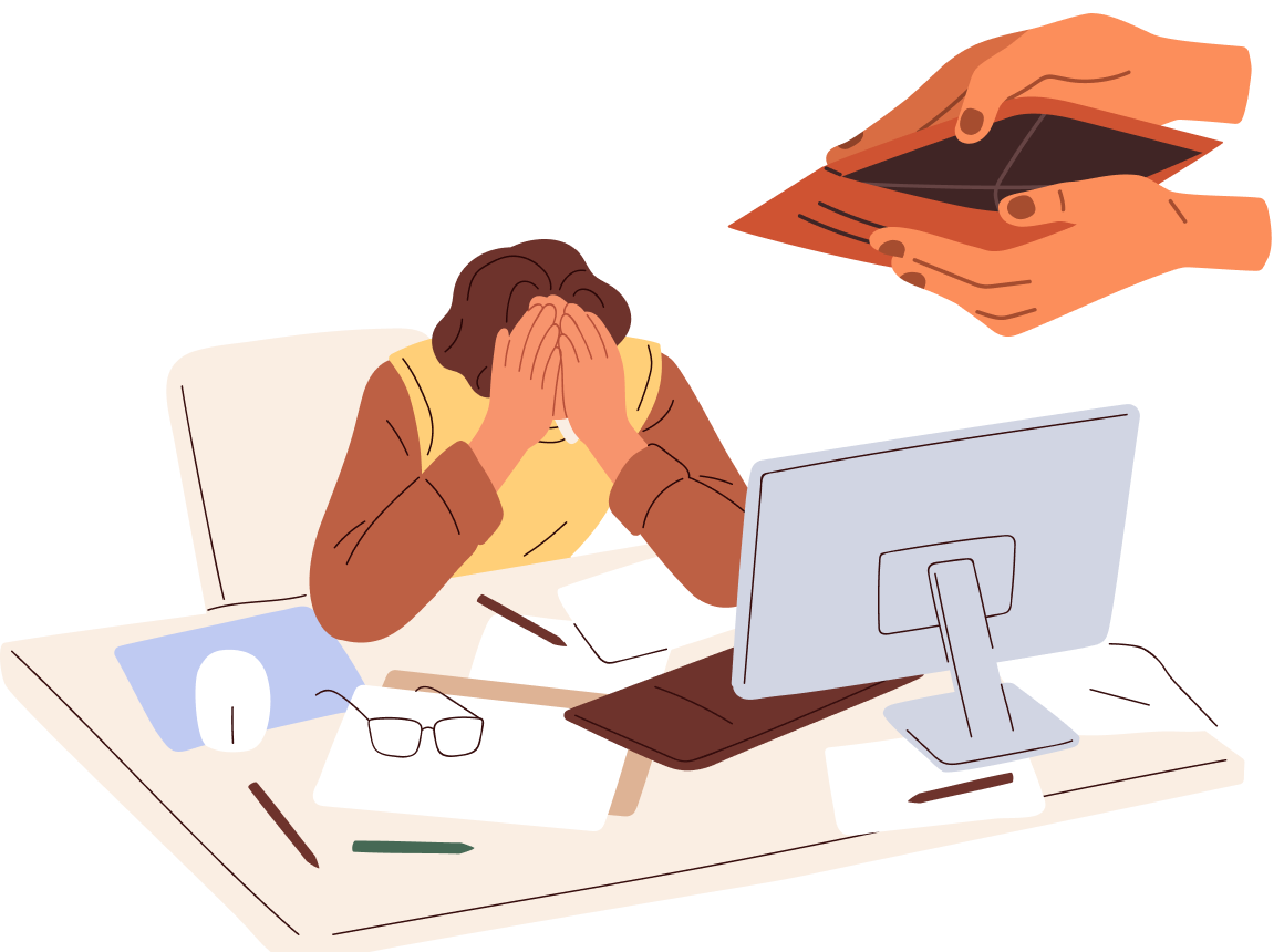 Illustration of a stressed person at a desk with an empty wallet