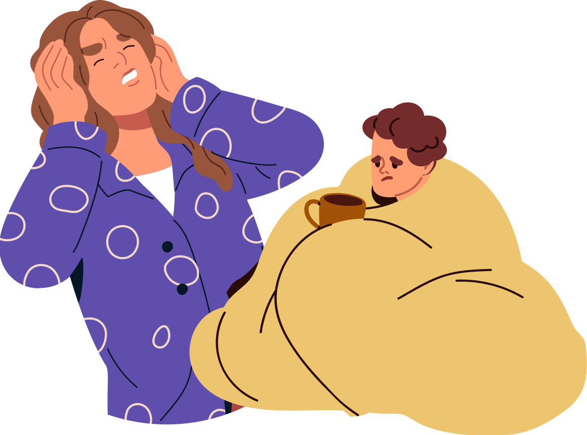Illustration of a person with a headache next to a person under a blanket